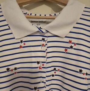 Woman Within Striped Polo Shirt - Blue and White